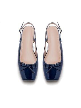 Women's Navy Slingback Square Toe Bow Knit Ankle Buckle Satin Ballet Flats